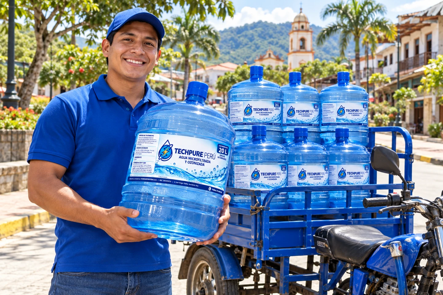 Repartidor con bidones Techpure Perú en una trimoto, escena ilustrativa
